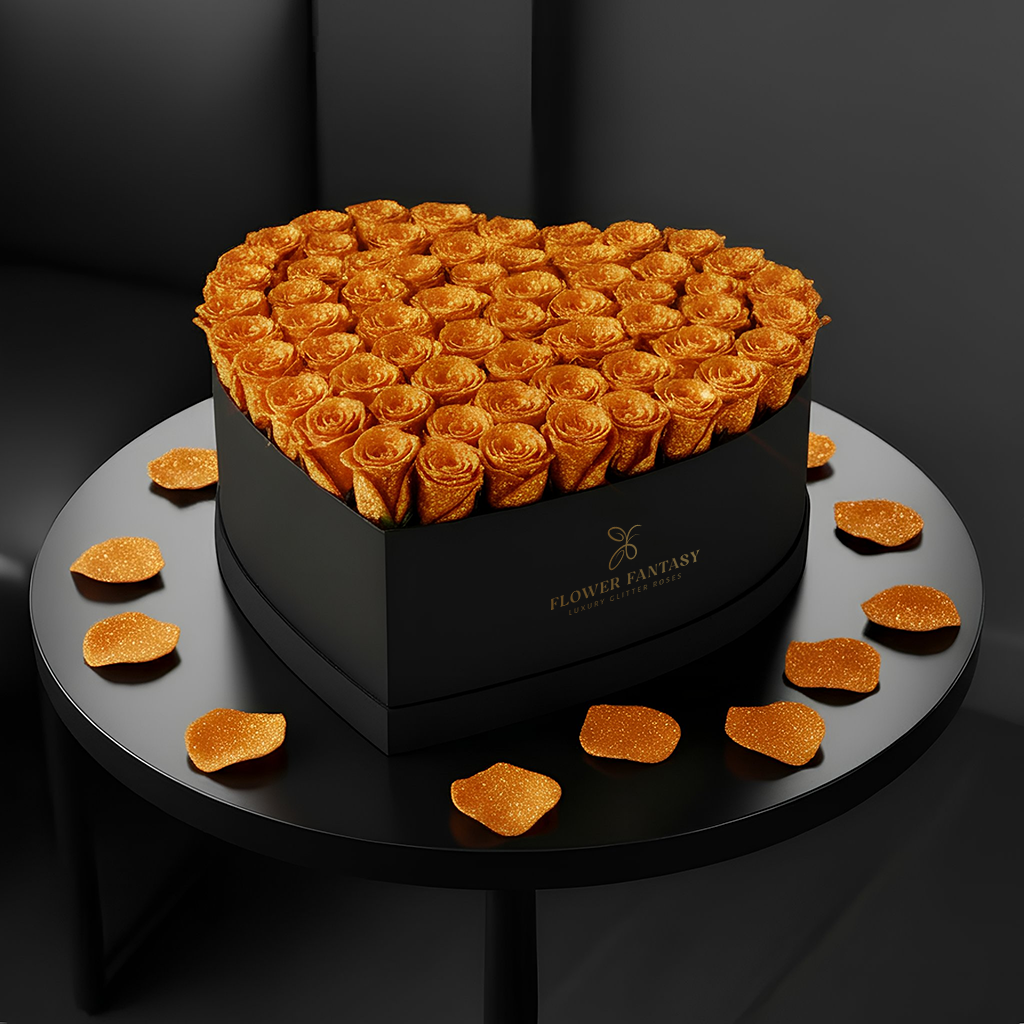 Heart Glitter Rose Box | Orange
