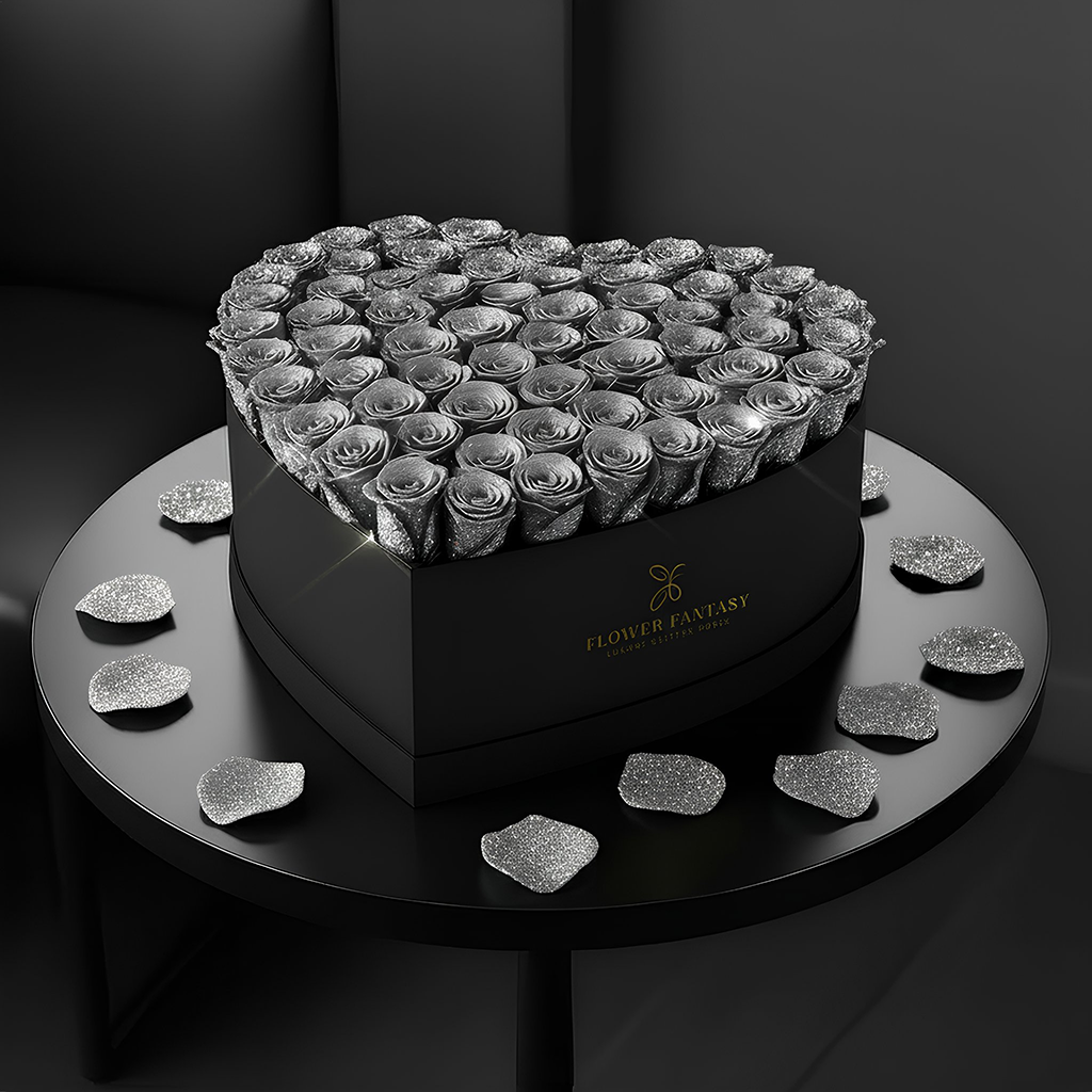 Heart Glitter Rose Box | Silver