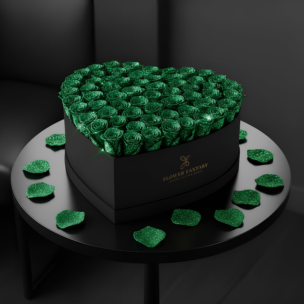 Heart Glitter Rose Box | Emerald Green