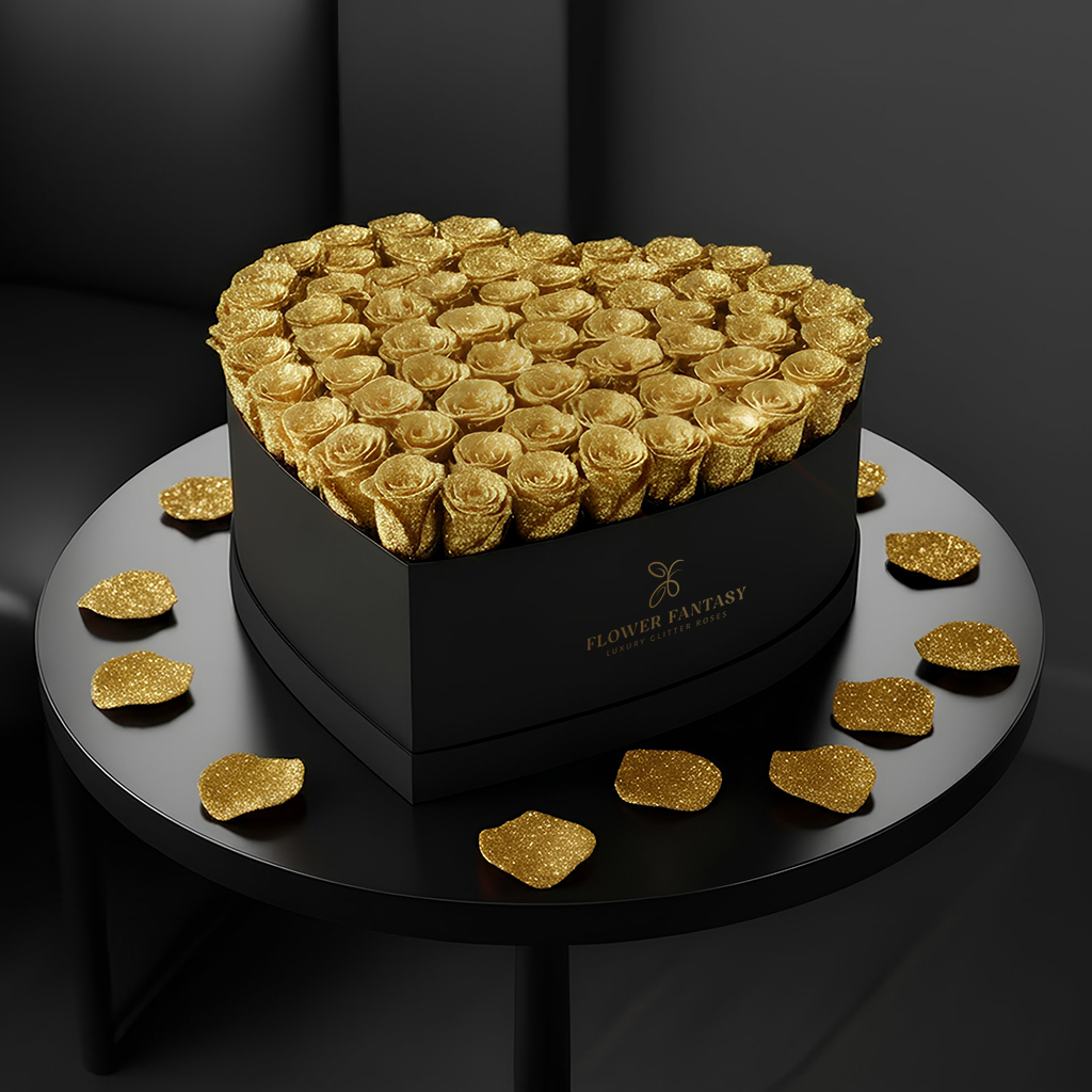 Heart Glitter Rose Box | Gold