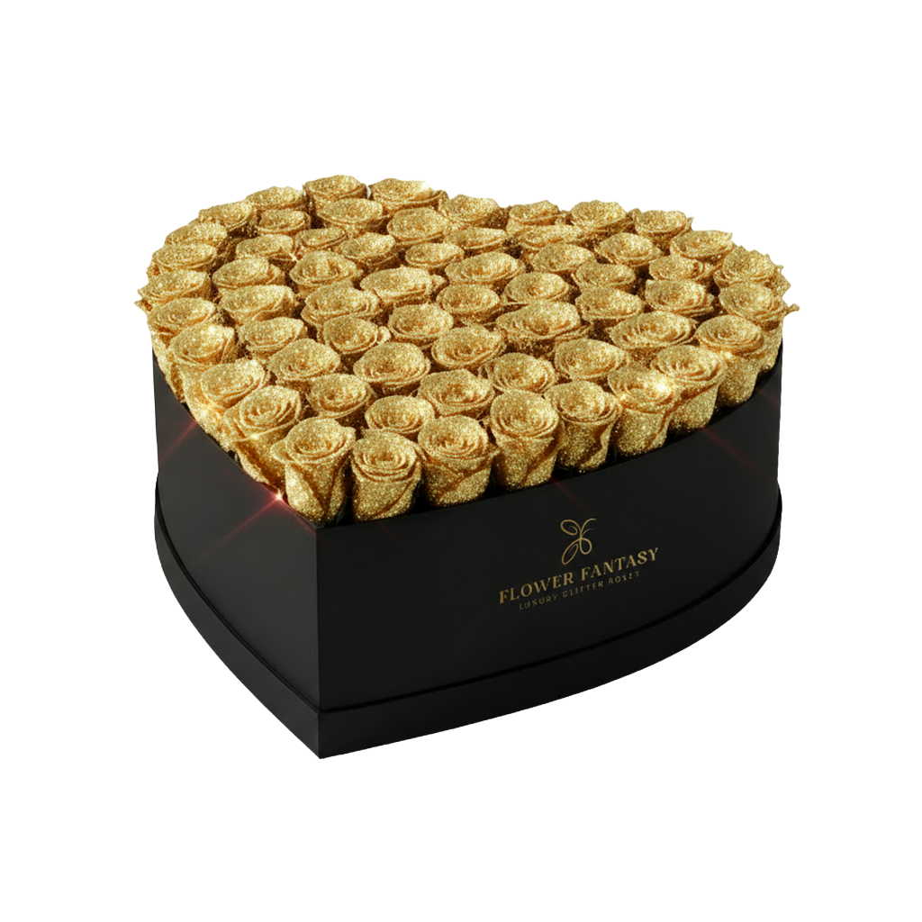 Heart Glitter Rose Box | Gold