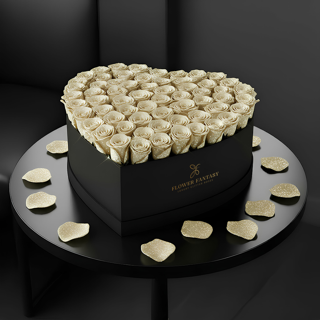 Heart Glitter Rose Box | White
