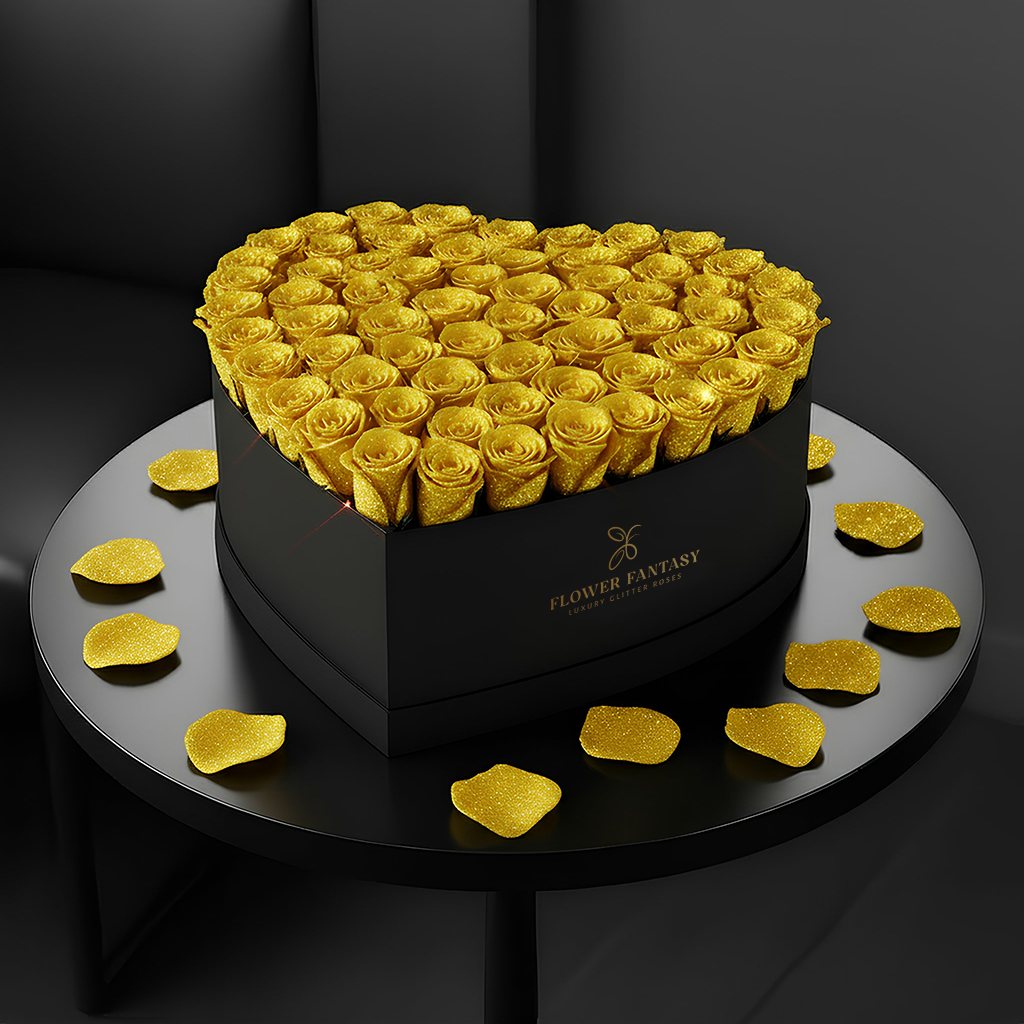 Heart Glitter Rose Box | Yellow