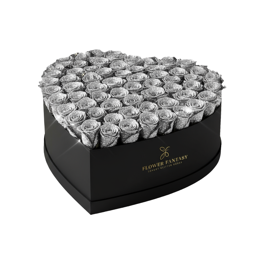 Heart Glitter Rose Box | Silver